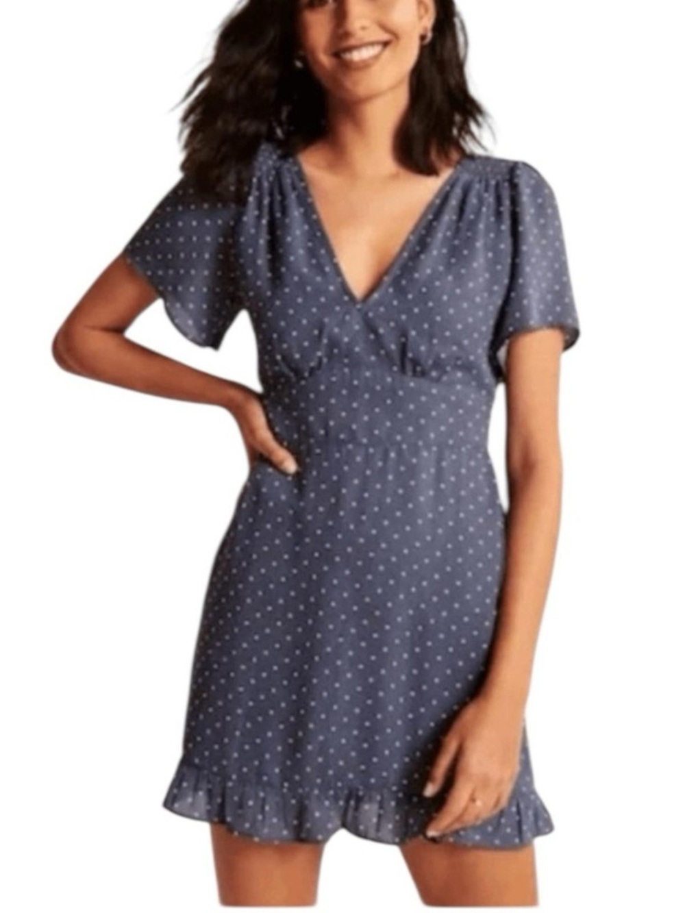 Abercrombie & Fitch Navy Blue Polka Dot V-Neck Mini Dress